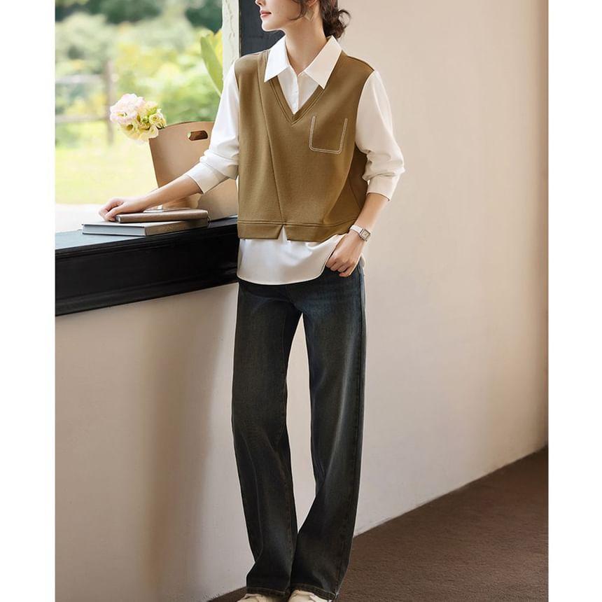 Mock Two-Piece Long-Sleeve Two Tone Shirt Product Image