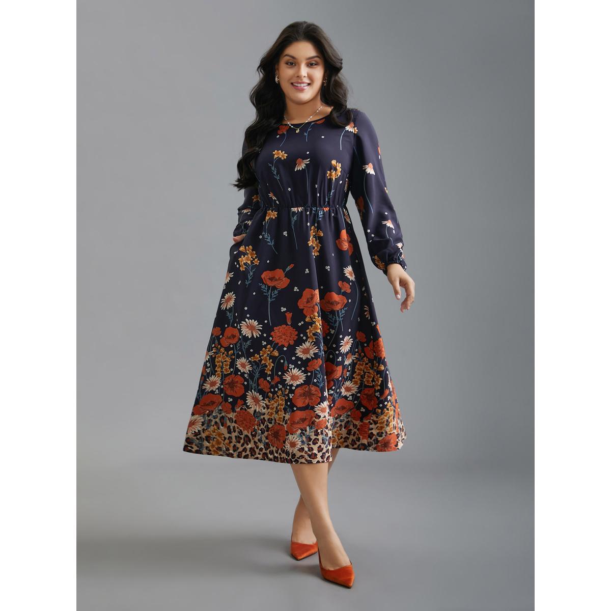 Plus Size Floral Boho Print Lantern Sleeve Dress Indigo Women Elegant Non Round Neck Long Sleeve Curvy BloomChic 30/6X Product Image