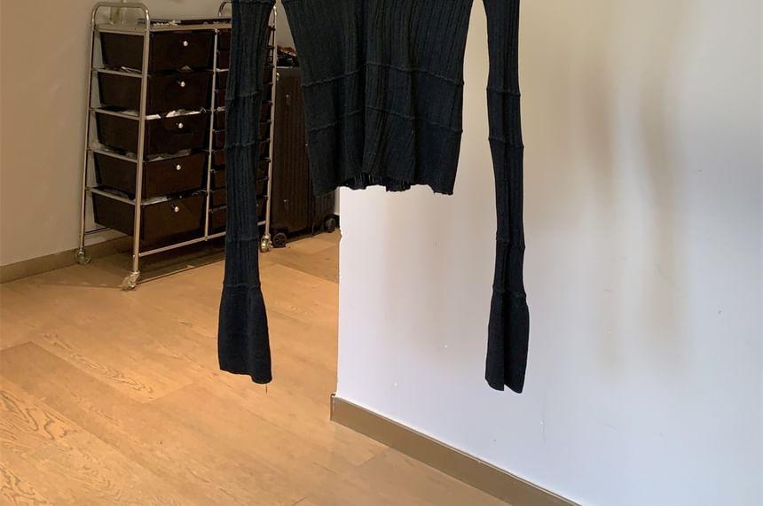Long Sleeve Open Placket Plain Ribbed Knit Polo Top Product Image