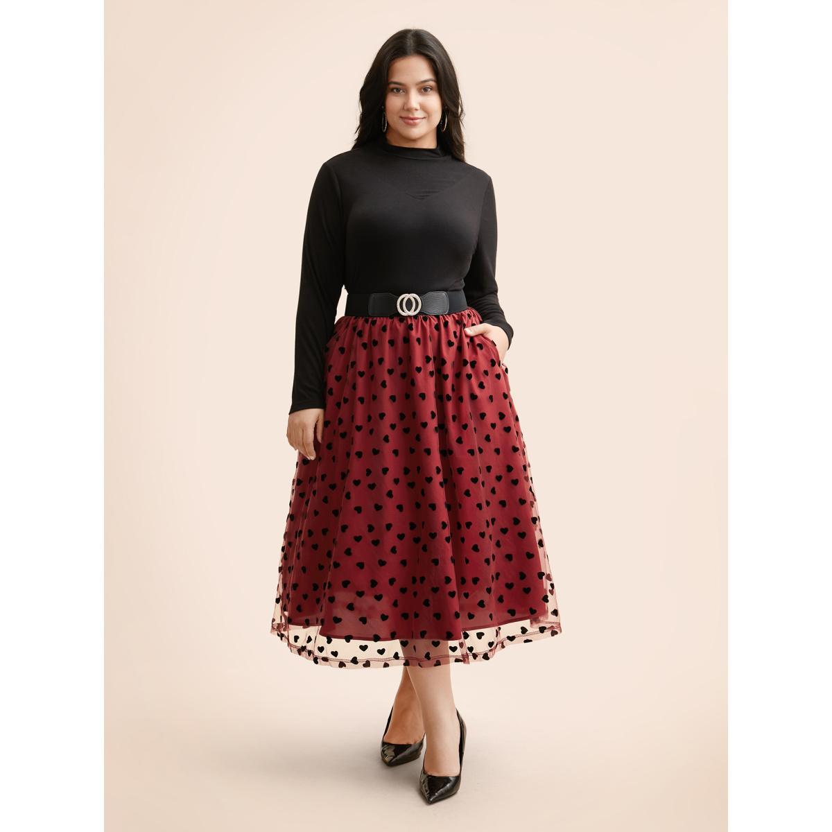 Plus Size Heart Flocking Tiered Mesh Skirt Women Crimson Cocktail Tiered Loose Low stretch Side seam pocket Party Skirts BloomChic 14-16/1X Product Image