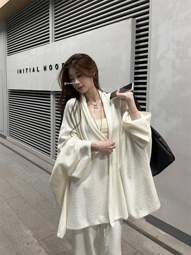 Plain Long Open Front Cardigan / Drawstring Waist Wide Leg Pants Product Image