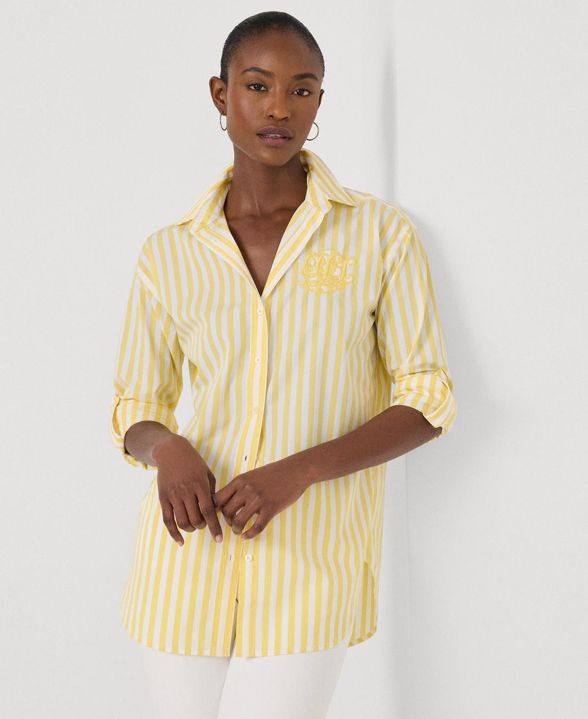 Lauren Ralph Lauren Oversize Striped Cotton Broadcloth Shirt (Primrose /White) Women's Clothing Product Image