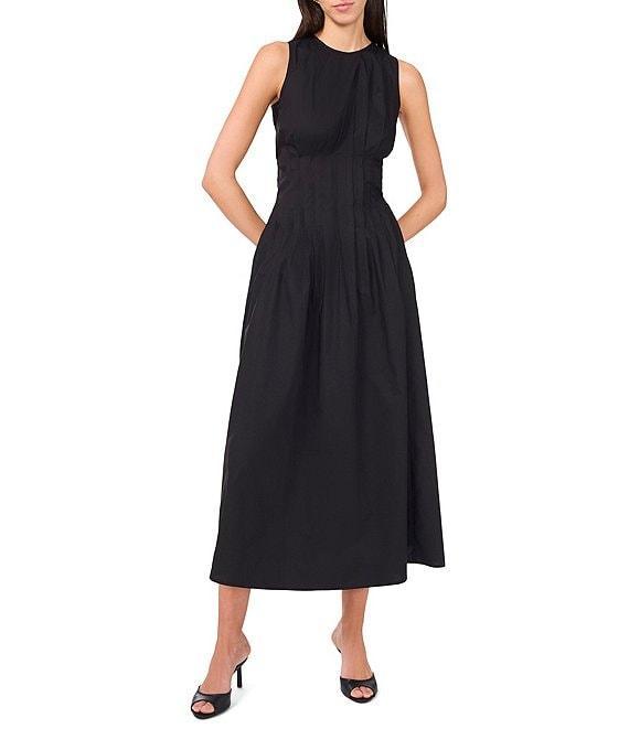 1. STATE Poplin Crew Neckline Sleeveless Pintuck Midi Fit And Flare Dress Product Image