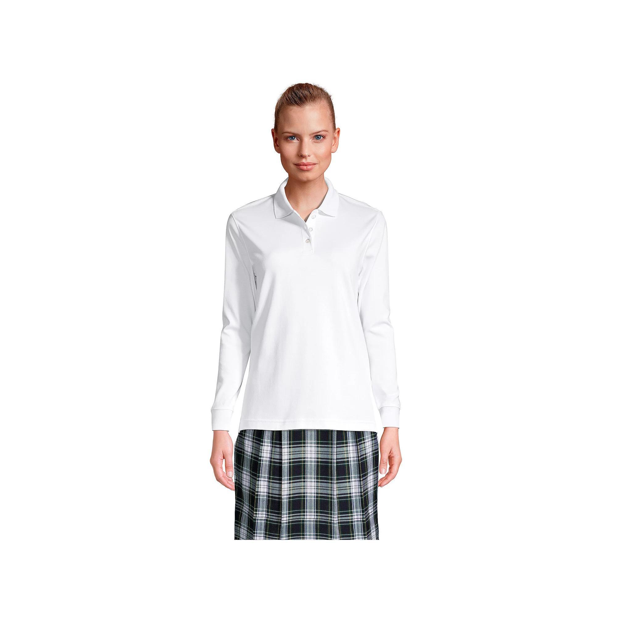 Women's Tall Lands' End School Uniform Long Sleeve Interlock Polo, Size: Small Tall, White Product Image