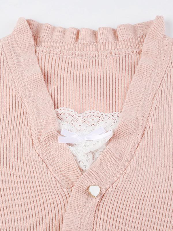 Lace Splice Tie Up Fake Two Piece Long Sleeve Knit Product Image
