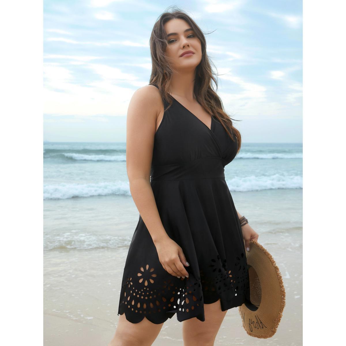 Plus Size Laser Cut Surplice Neck Waist-Cinched Swim Dress Women's Swimwear Teal Beach Bodycon Overlap Collar High stretch Curve Swim Dresses BloomChic 14-16/1X Product Image