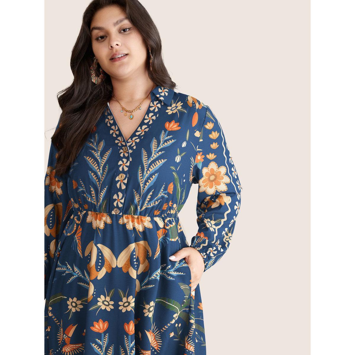 Plus Size Bandana Print Pocket Lapel Collar Elastic Cuffs Dress Blue Women Resort Non V-neck Long Sleeve Curvy Midi Dress BloomChic 30/6X Product Image
