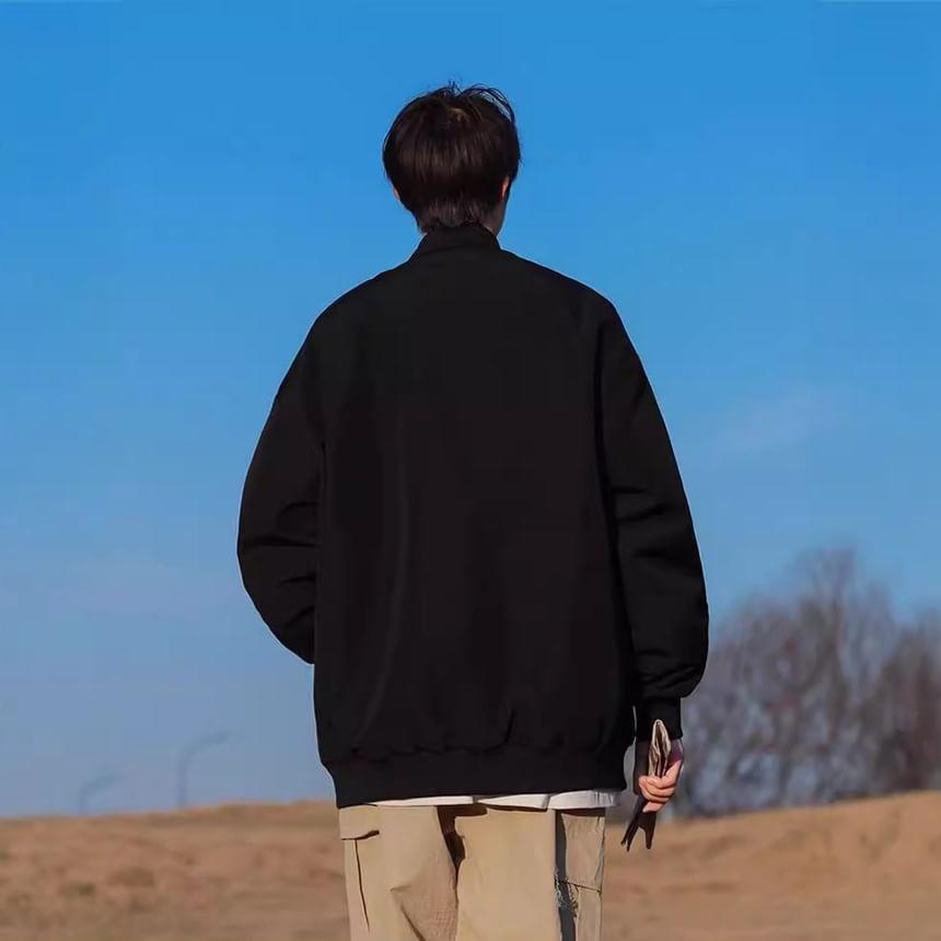 Stand Collar Plain Zip Bomber Jacket Product Image