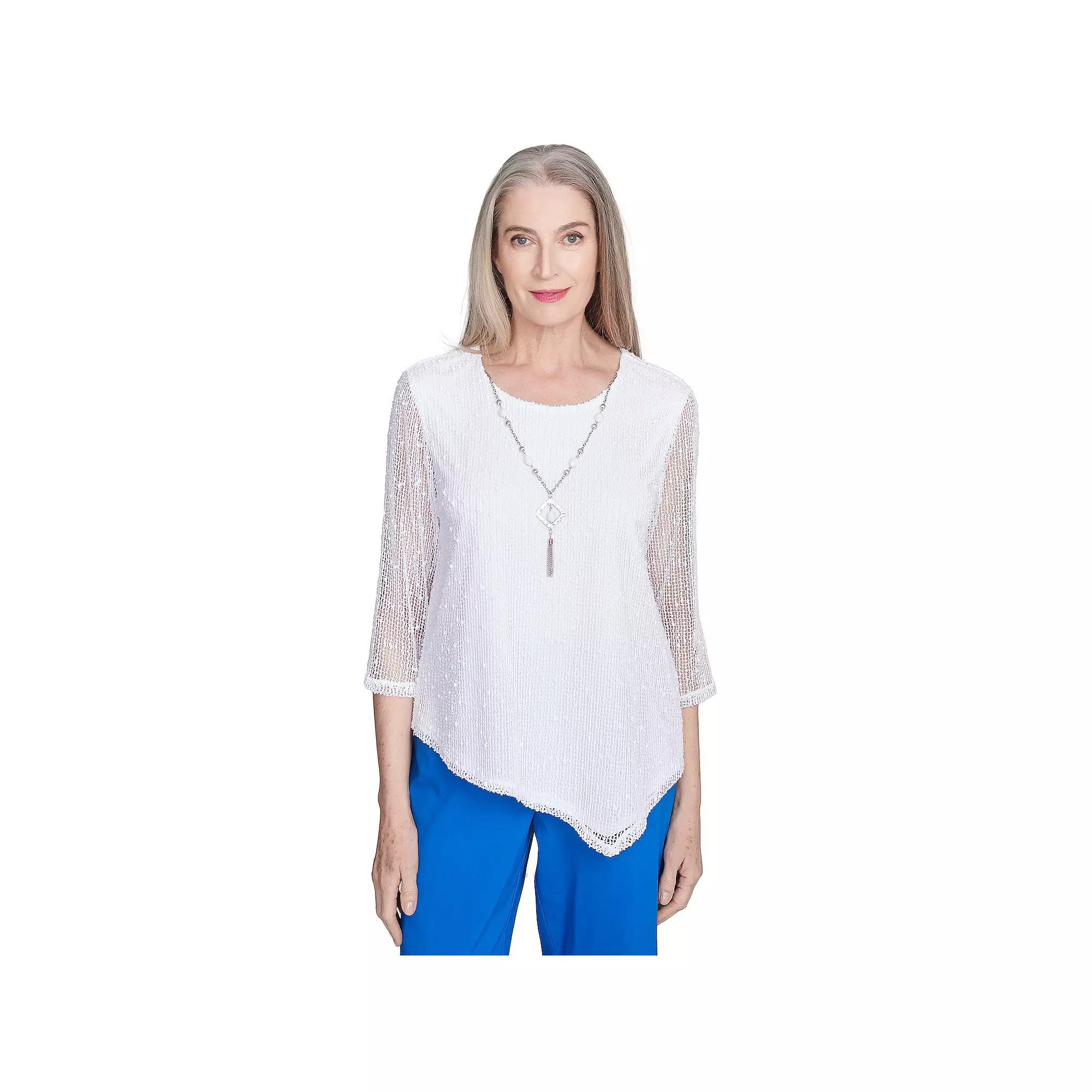 Petite Alfred Dunner Popcorn Mesh Top with Necklace, Women's, Size: Large Petite, White Product Image