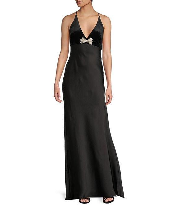Pear Culture Velvet Satin V-Neck Spaghetti Strap Rhinestone Bow Dress Product Image