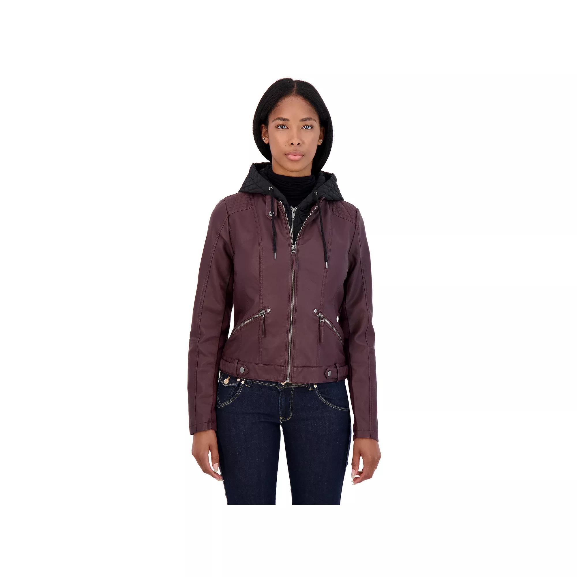 Women's Sebby Collection Hooded Faux-Leather Racing Jacket, Size: Medium, Red Product Image
