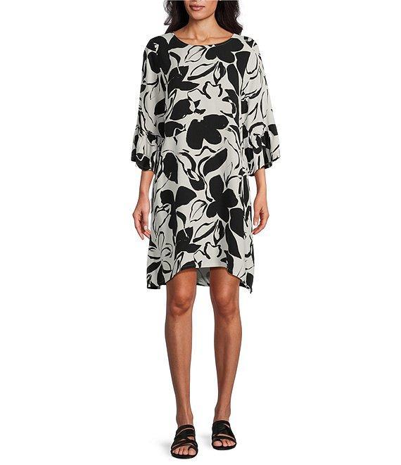 Bryn Walker Woven Phryne Flower Petal Print Round Neck 3/4 Sleeve Shift Dress Product Image