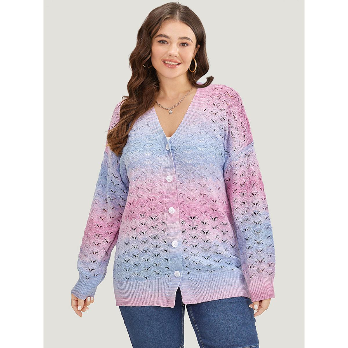 Plus Size Ombre Button Through Hollow Out Cardigan Multicolor Women Casual Loose Long Sleeve Dailywear Cardigans BloomChic 10/M Product Image