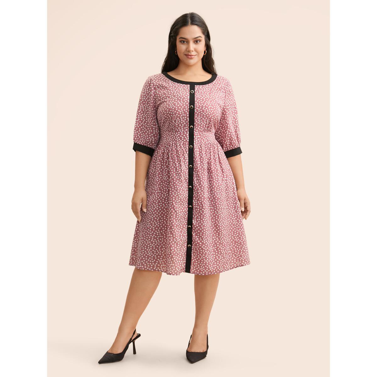 Plus Size Ditsy Floral Contrast Trim Button Detail Dress DustyPink Women Elegant Gathered Boat Neck Half Sleeve Curvy BloomChic 30/6X Product Image