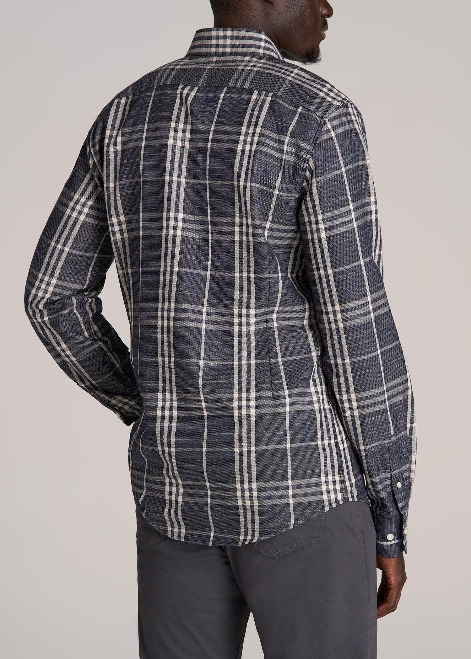 Textured Weave Cotton Button-Up Shirt for Tall Men in Dark Blue Plaid Product Image