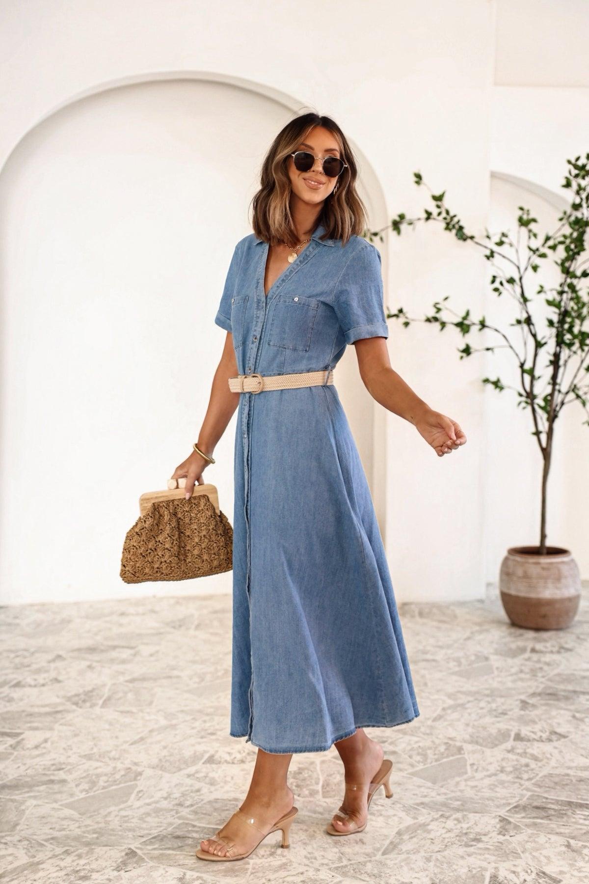 Denim Belted Midi Dress Product Image
