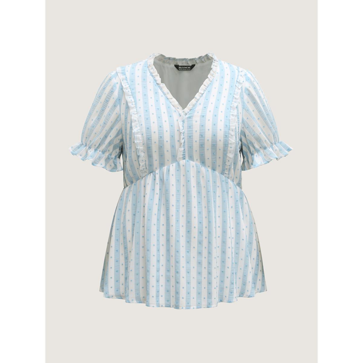 Plus Size Stone Textured Striped Print Ruffled Babydoll Top Women Short sleeve Deep V-neck Everyday-Elegant Blouses BloomChic 28/5X Product Image