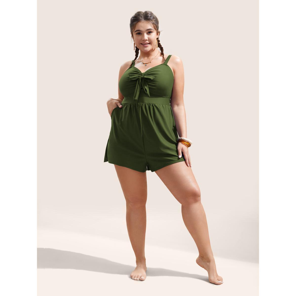 Plus Size Plain Bowknot Pocket Gathered One Piece Swimsuit Women's Swimwear Mediumblue Beach Non Curve Bathing Suits High stretch One Pieces BloomChic 28/5X Product Image