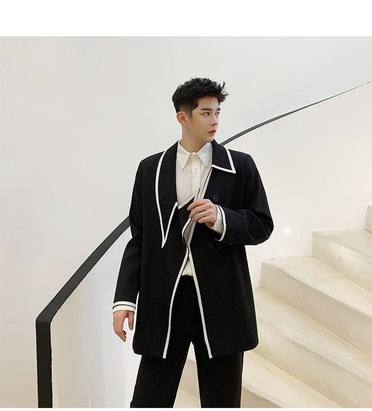 Plain Asymmetrical Contrast Trim Double-Breasted Blazer Product Image