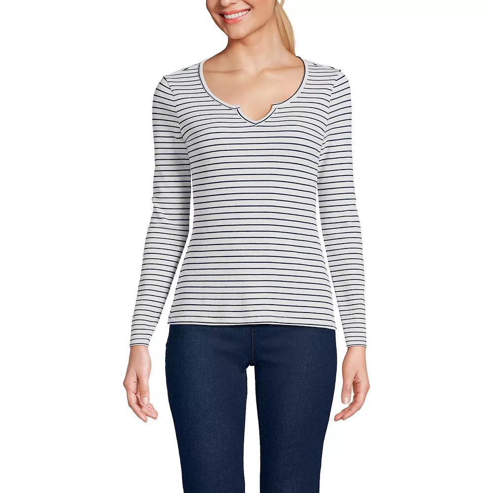 Women's Lands' End Waffle Notch Neck Top, Size: XS, Blue Breton Stripe Product Image