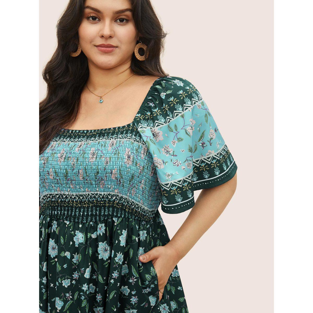 Plus Size Ditsy Floral Shirred Patchwork Ruffle Sleeve Dress Turquoise Women Resort Shirred Square Neck Short sleeve Curvy Midi Dress BloomChic 10/M Product Image