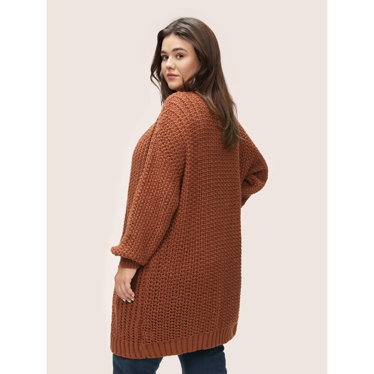 Plus Size Plain Dual Pocket Open Front Cardigan Chocolate Women Casual Loose Long Sleeve Dailywear Cardigans BloomChic 26/4X Product Image
