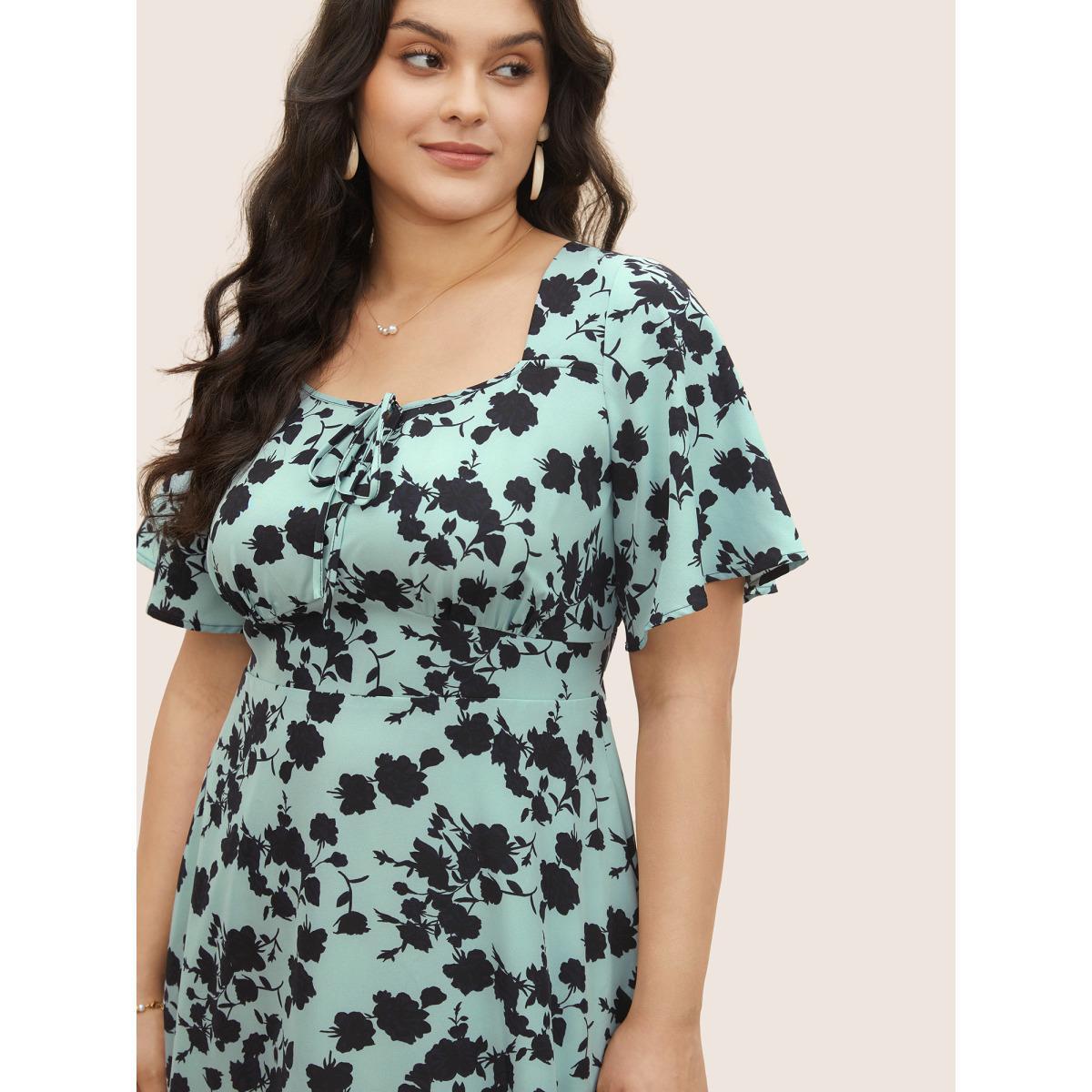 Plus Size Silhouette Floral Print Knot Neck Flutter Hem Dress LightBlue Women Elegant Non Square Neck Short sleeve Curvy Midi Dress BloomChic 14-16/1X Product Image