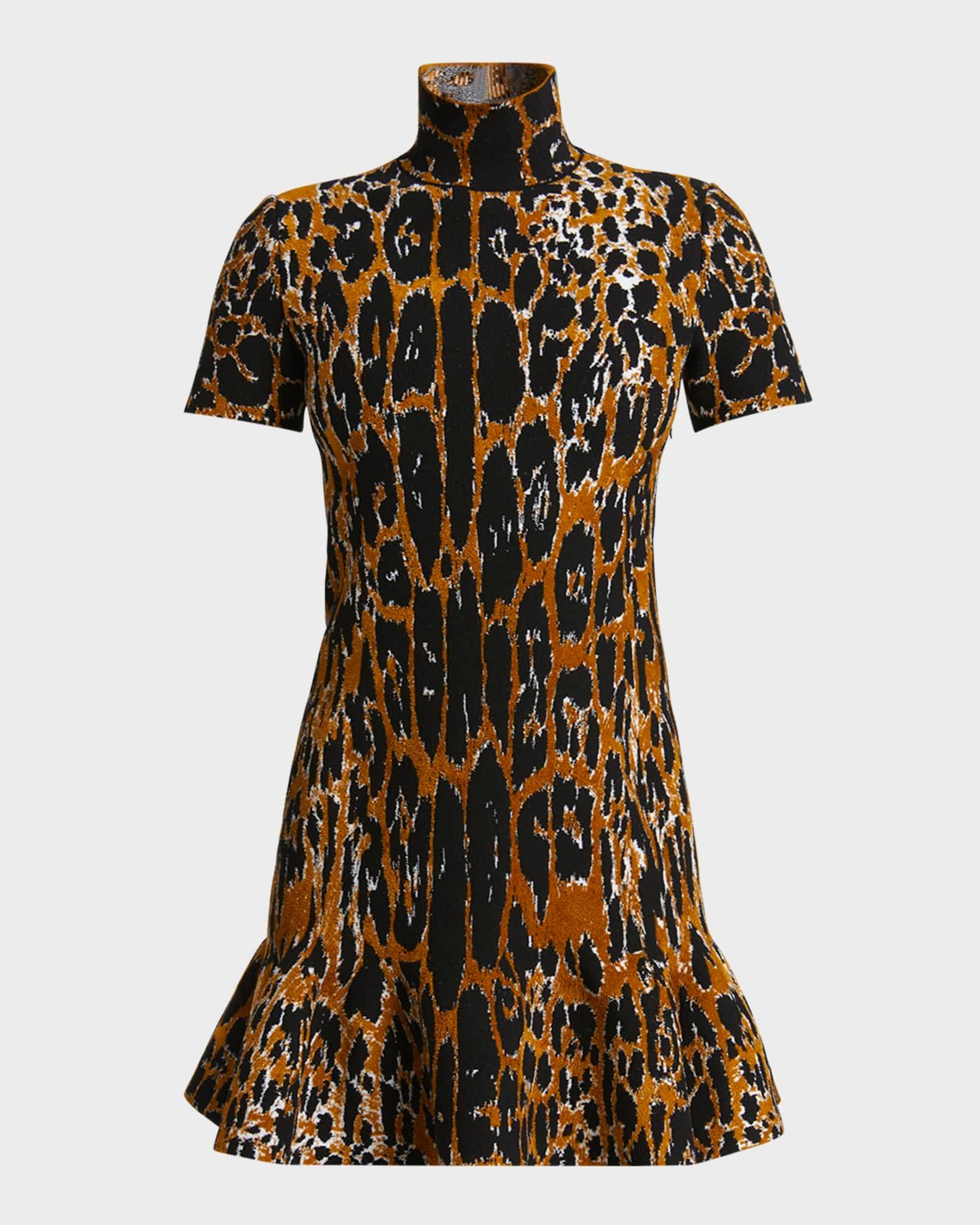 Mock-Neck Leopard Short-Sleeve Skater Mini Dress Product Image