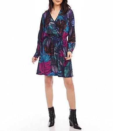 Karen Kane Long Sleeve Faux Wrap Dress (Print) Women's Dress Product Image