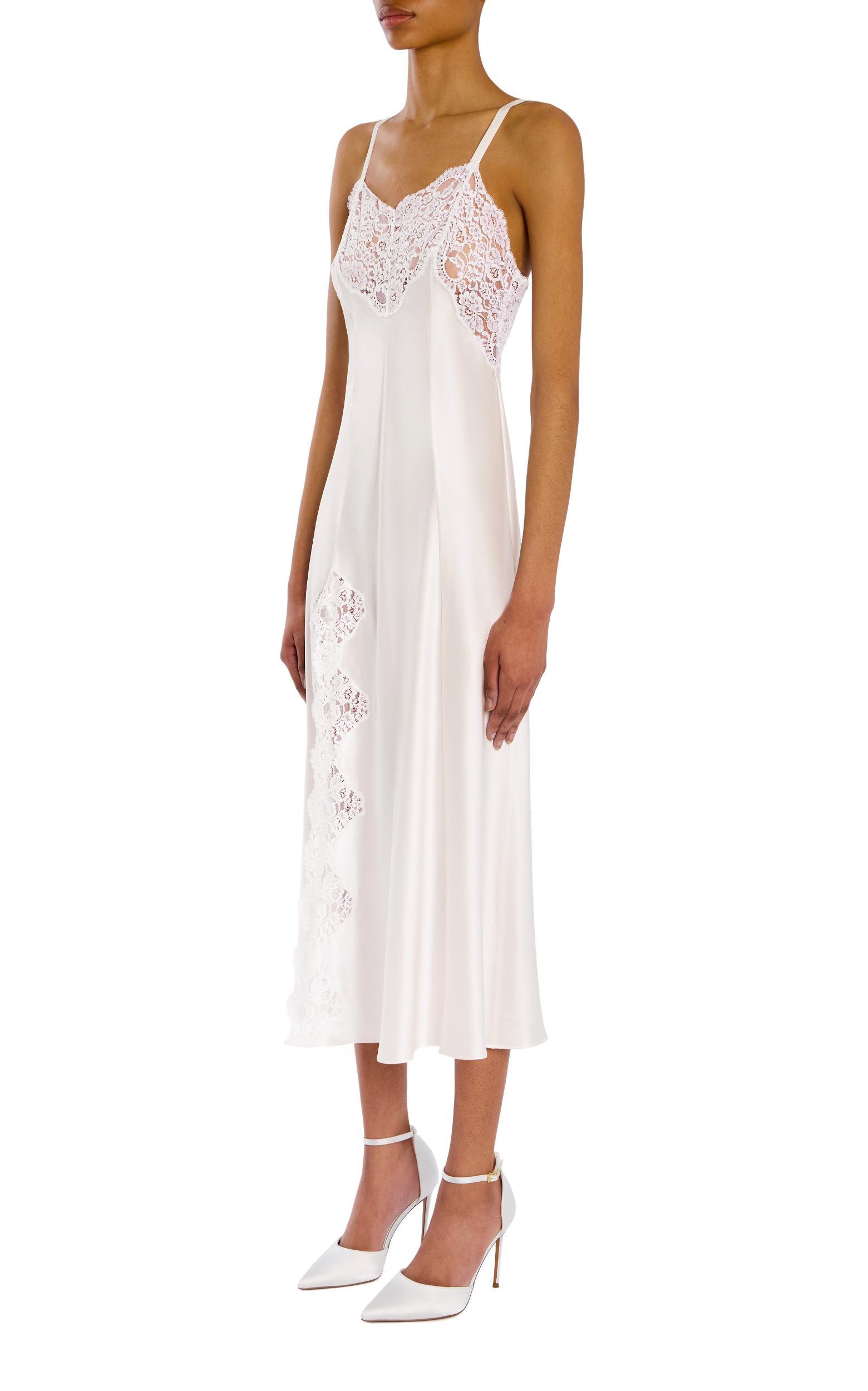 White Silk Satin And Lace Bias Slip Dress With Slit Product Image