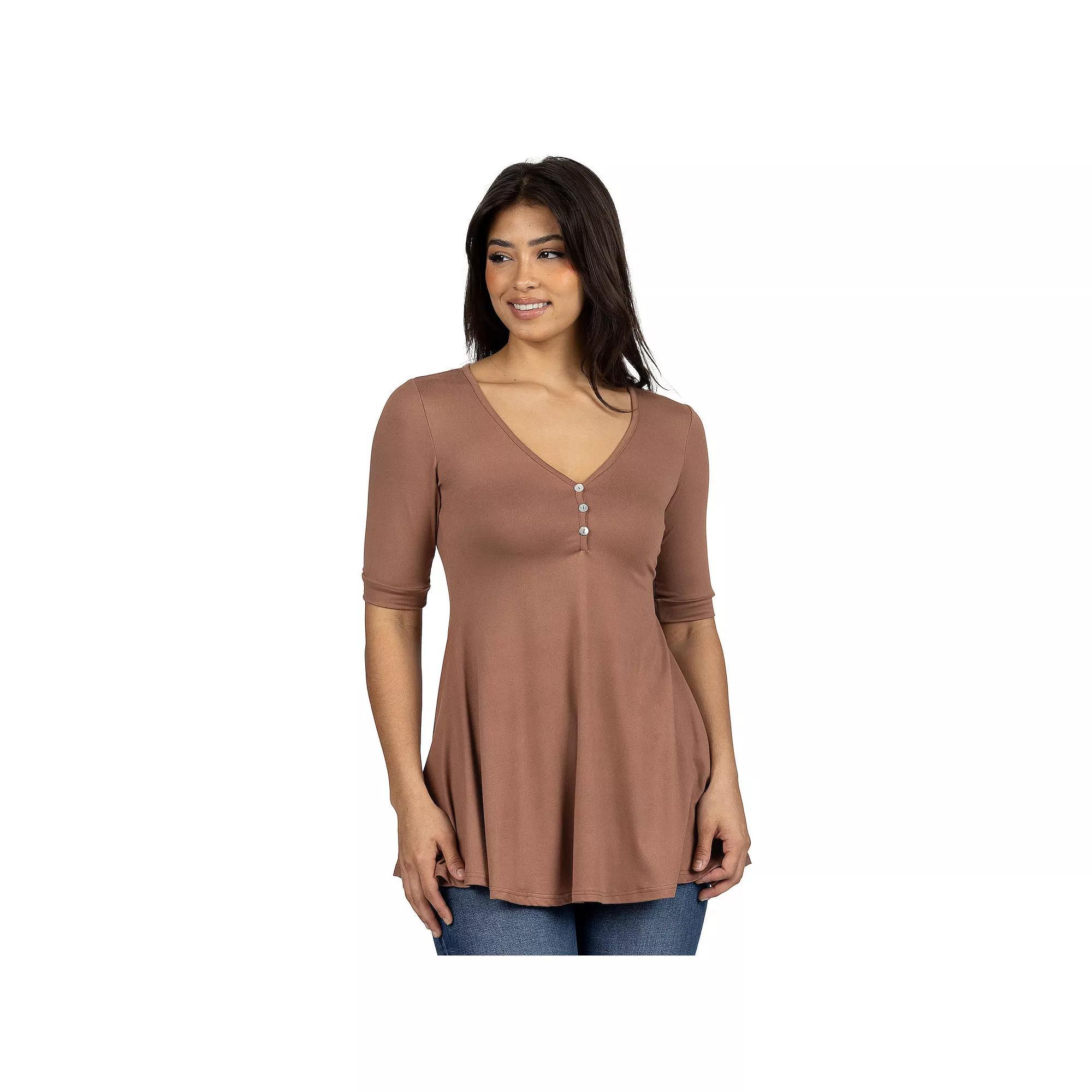 Women's 24seven Comfort Apparel Short Sleeve Tunic Top with Button Detail, Size: Small, Brown Product Image