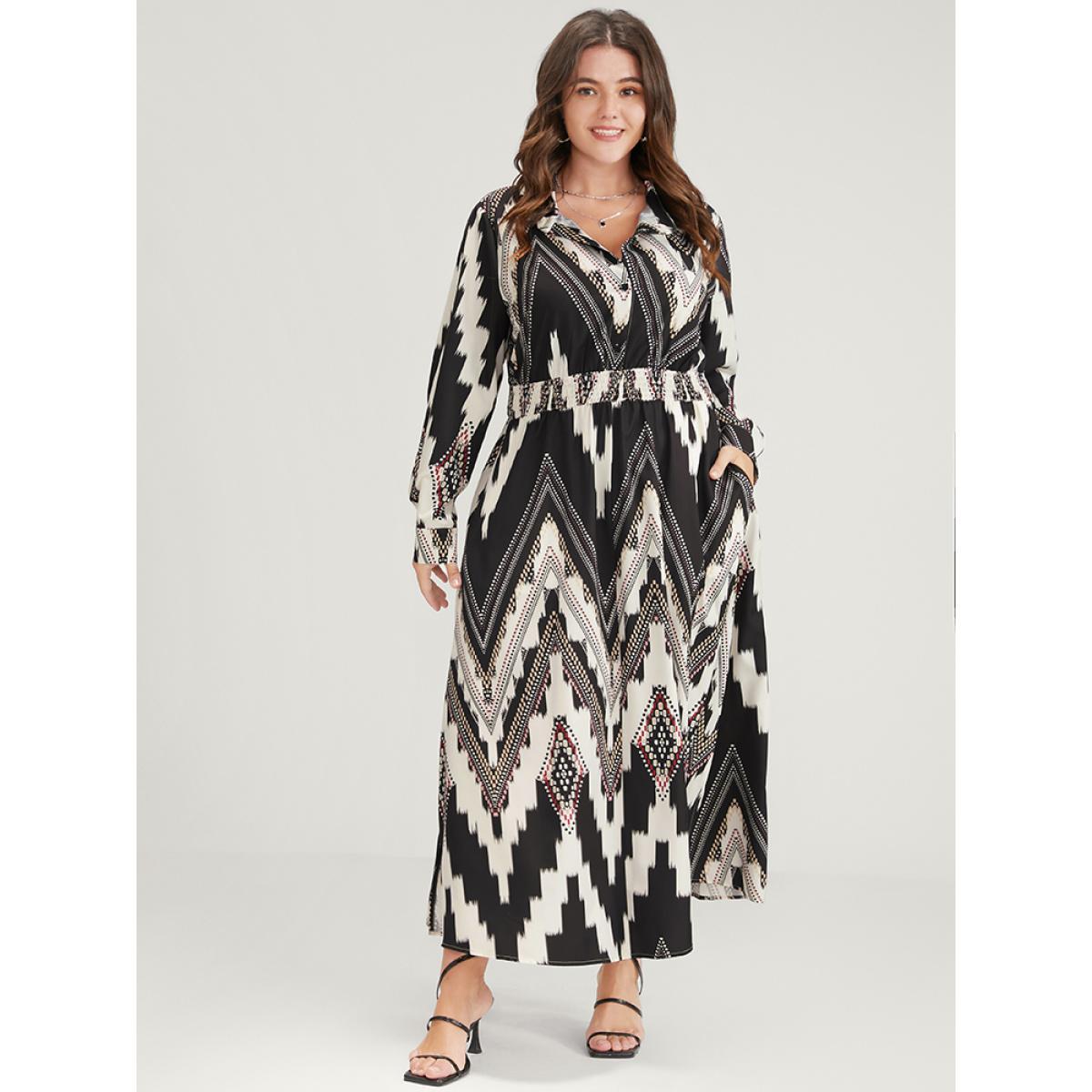 Plus Size Geometric Shirt Collar Pocket Button Up Shirred Dress Black Women Elegant Printed Shirt collar Long Sleeve Curvy Long Dress BloomChic 14-16/1X Product Image