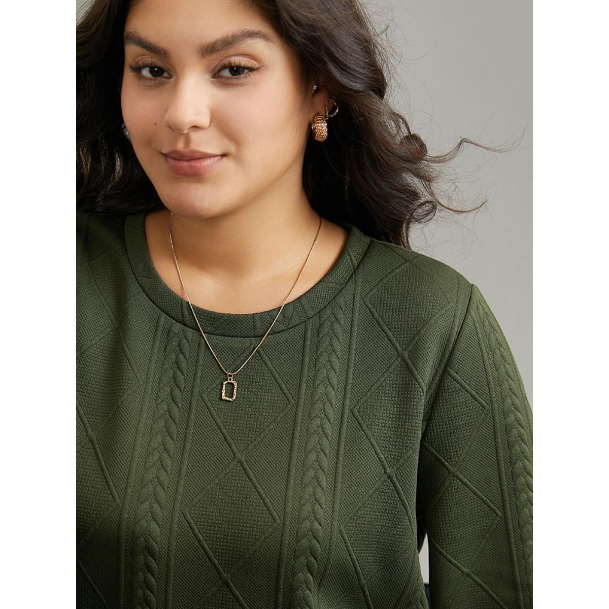 Plus Size Plain Textured Round Neck Sweatshirt Women ArmyGreen Casual Non Round Neck Everyday Sweatshirts BloomChic 18-20/2X Product Image
