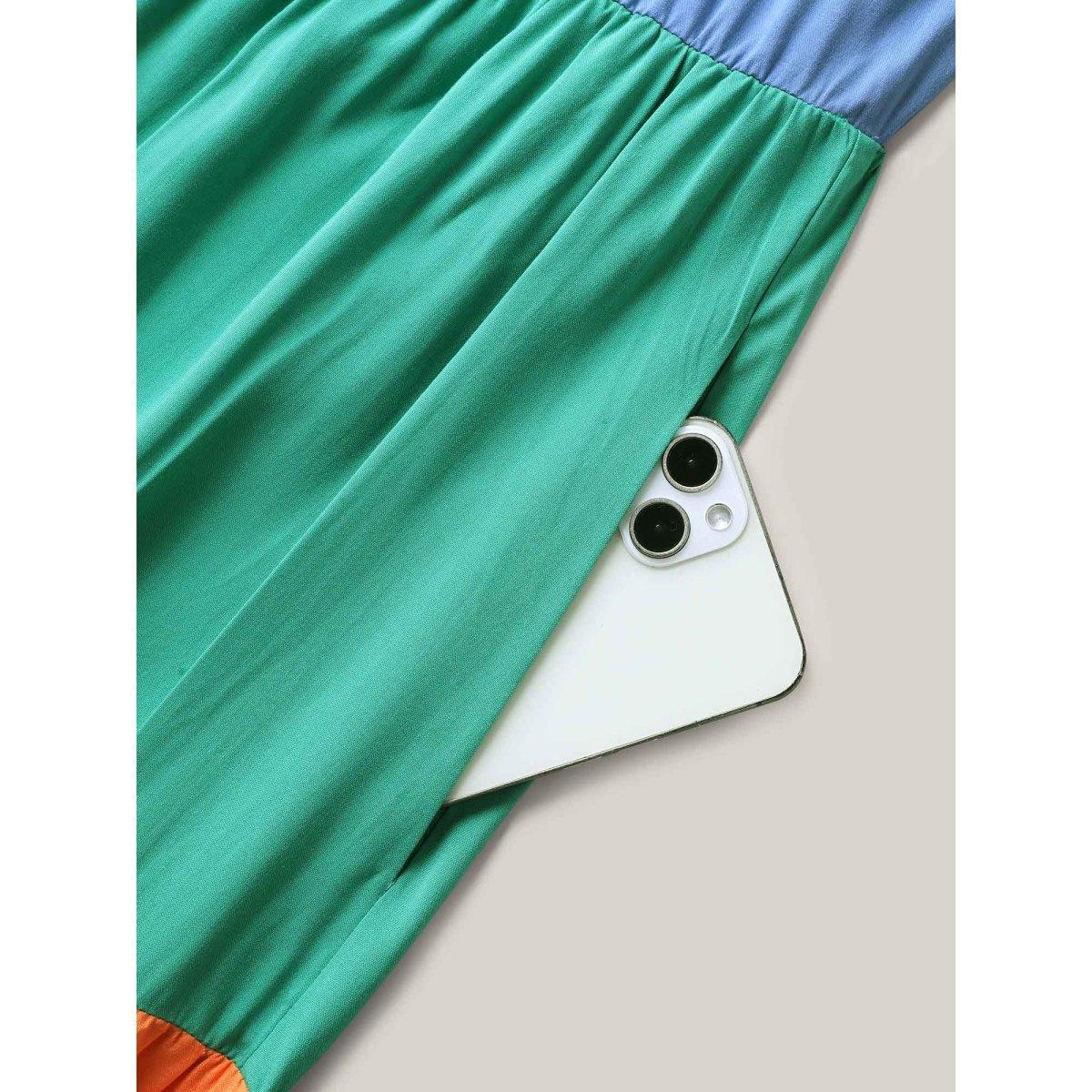 Plus Size Rayon Color Block Layered Sleeve Maxi Dress Stone Women V-neck Short sleeve Curvy BloomChic 26/4X Product Image