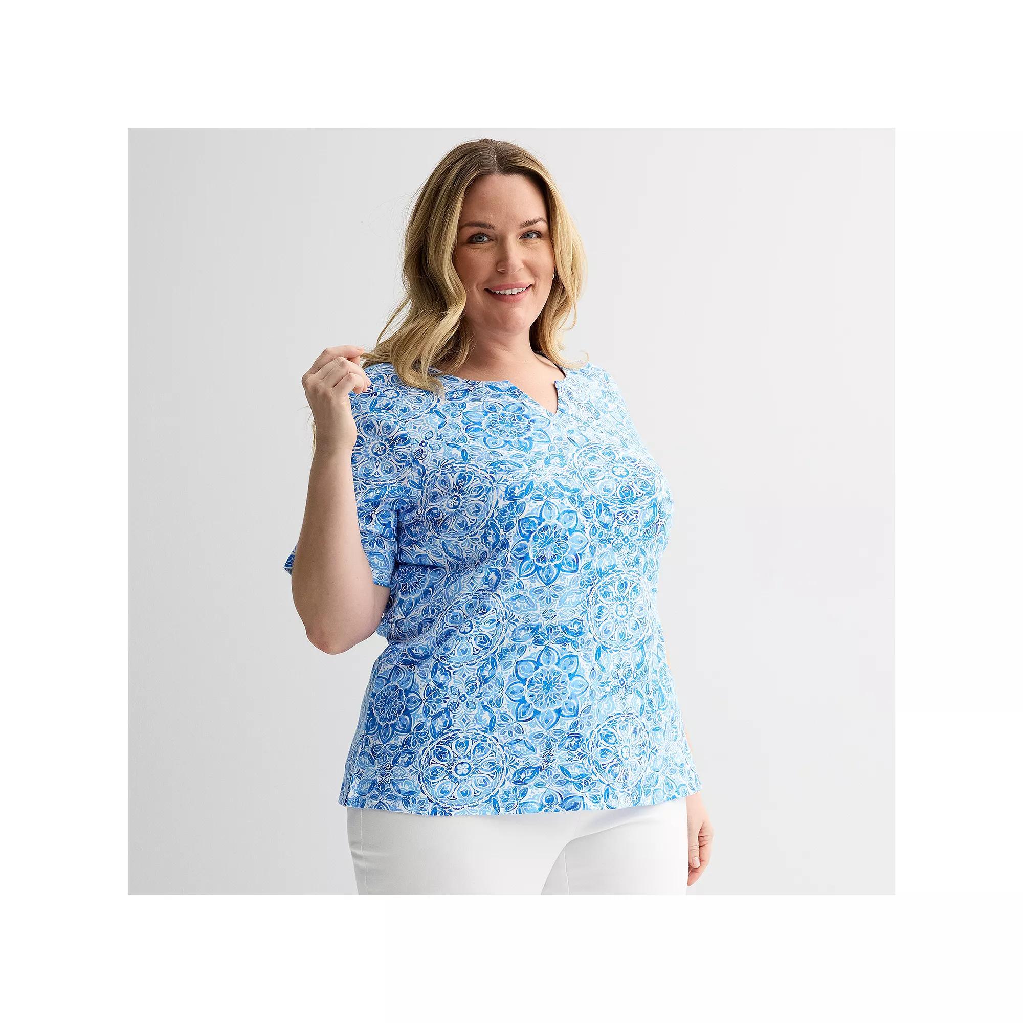 Plus Size Croft & Barrow® Elbow Sleeve Split Neck Top, Women's, Size: 1XL, Blue  Pink Product Image