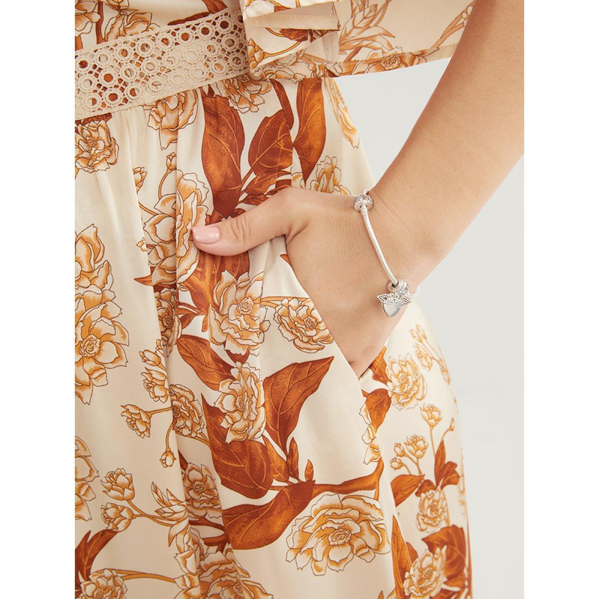 Plus Size Floral Printed Crochet Lace Pocket Flutter Maxi Dress Chocolate Women Elegant Gathered V-neck Half Sleeve Curvy Long Dress BloomChic 30/6X Product Image