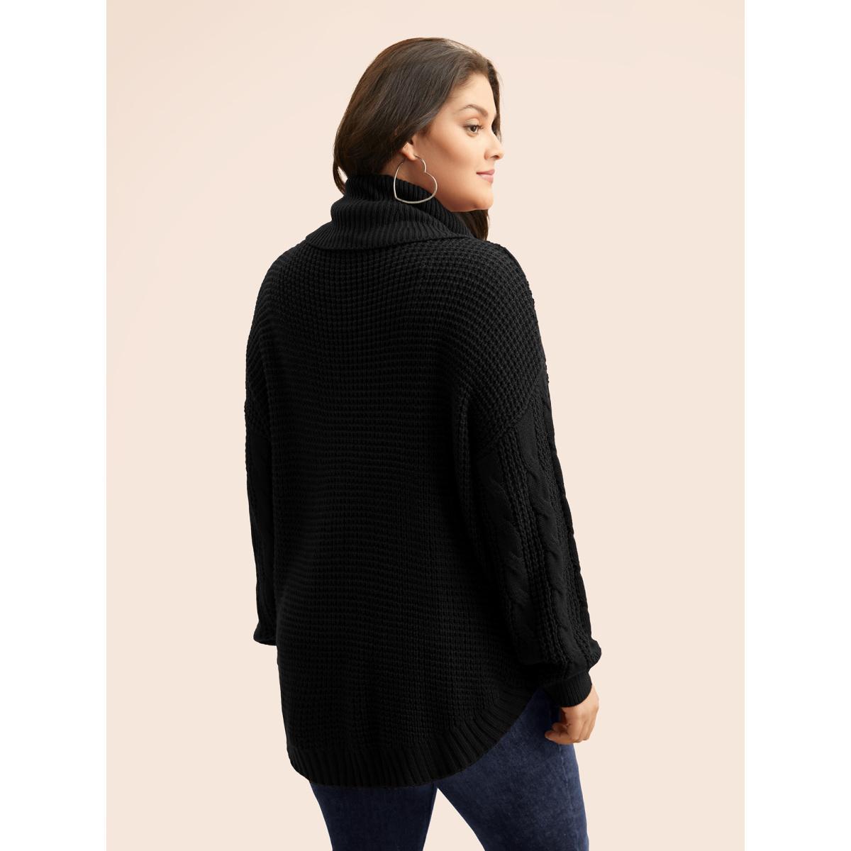 Plus Size Turtleneck Cable Knit Curved Hem Pullover Black Women Casual Loose Long Sleeve Turtleneck Everyday Pullovers BloomChic 18-20/2X Product Image