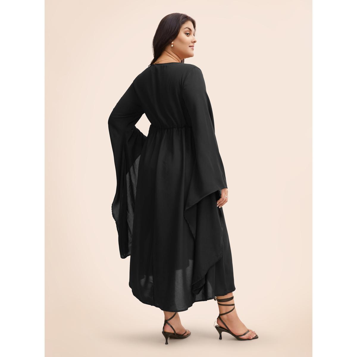 Plus Size Solid Bell Sleeve Pocket Ties High Low Hem Dress Black Women Elegant Non V-neck Long Sleeve Curvy Midi Dress BloomChic 26/4X Product Image