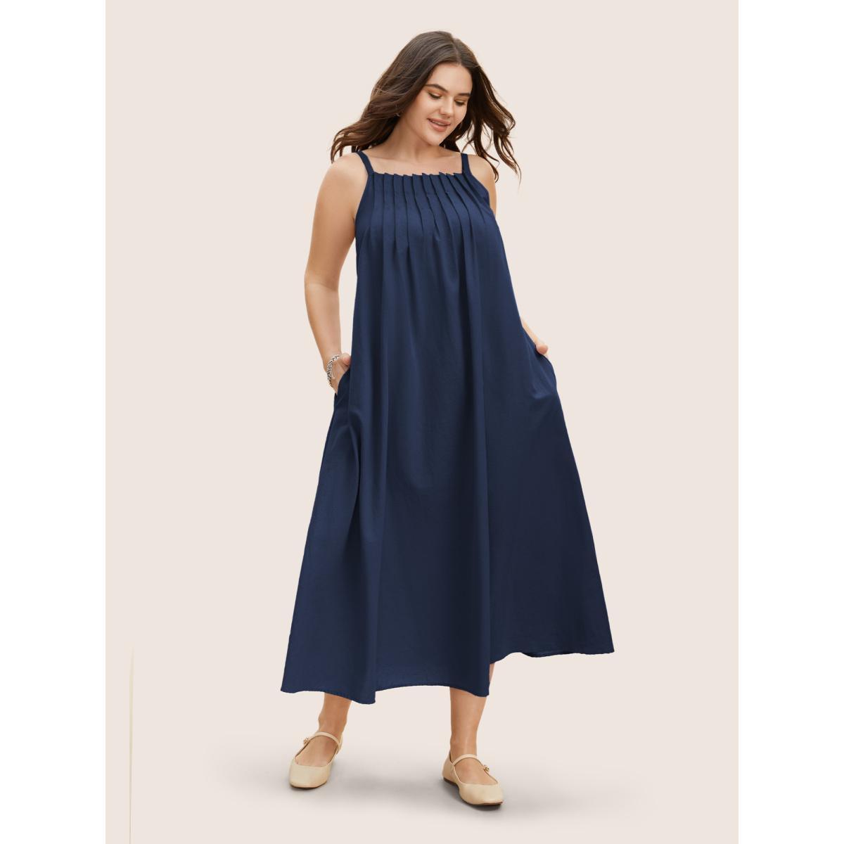 Plus Size Cotton Plain Pleated Loose Fit Cami Dress Navy Women Casual Ruffles Non Sleeveless Curvy BloomChic 14-16/1X Product Image