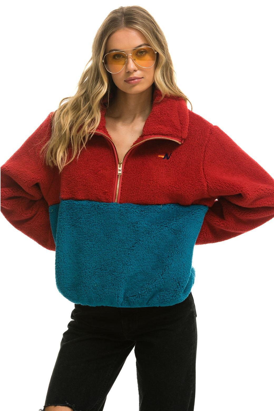 TEDDY APRES HALF ZIP COLOR BLOCK JACKET - CHERRY Female Product Image