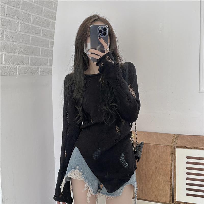 Long-Sleeve Boat Neck Plain Asymmetrical Distressed Knit Top Product Image