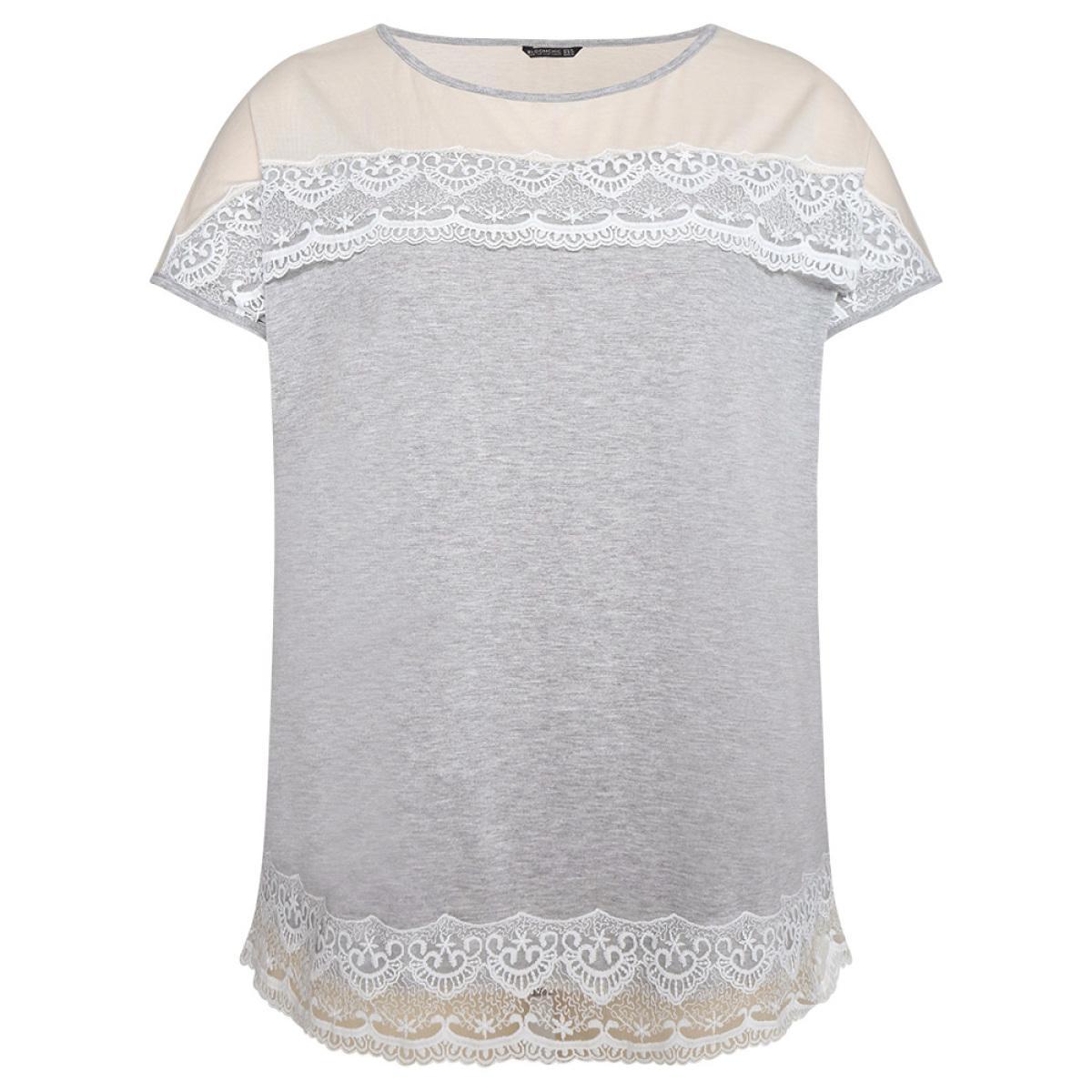 Plus Size Lace Panel Contrast Batwing Sleeve T-shirt Gray Women Elegant Contrast Plain Round Neck Dailywear T-shirts BloomChic 14-16/1X Product Image