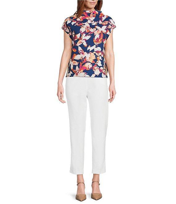 Investments Petite Size Knit Blue Autumn Floral Short Sleeve High Neck Ottoman Top Product Image