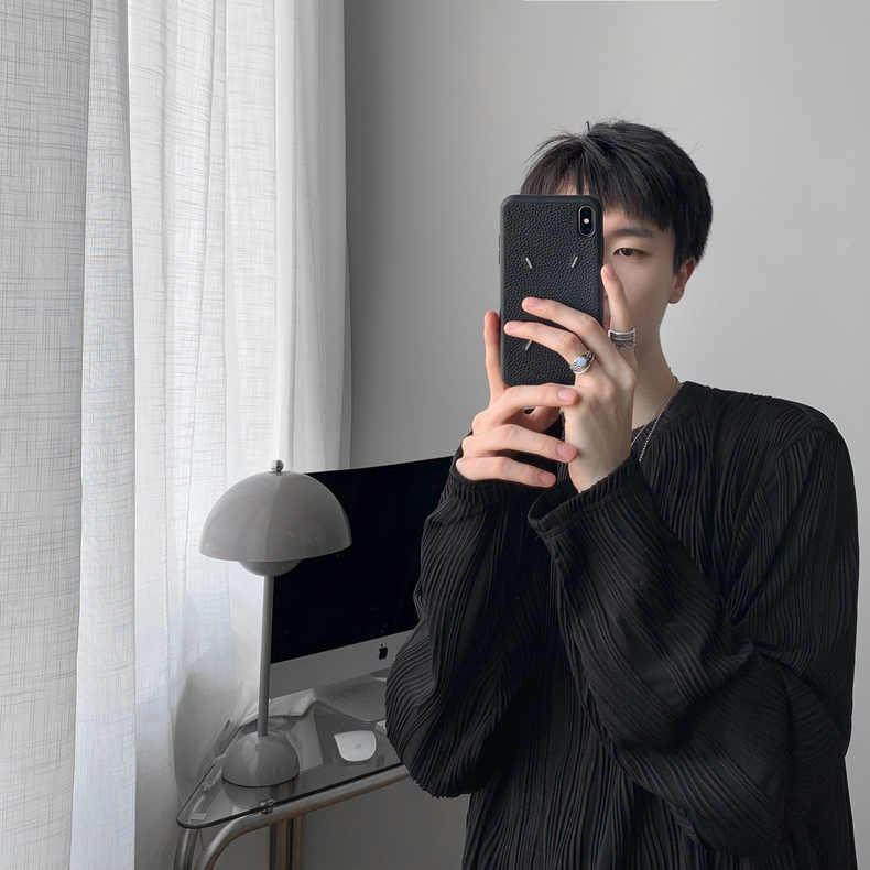 Long-Sleeve Crewneck Textured Plain Top Product Image