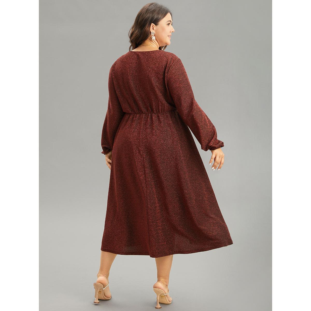 Plus Size Luxe Overlap Collar Gathered Split Hem Dress Scarlet Women Glamour Elastic cuffs Overlap Collar Long Sleeve Curvy Midi Dress BloomChic 14-16/1X Product Image