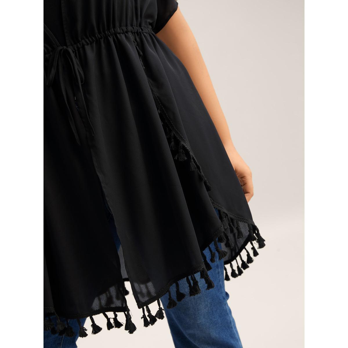 Plus Size Overlap Hem Waist-Tie Sheer Kimono Women Black Overlapping Vacation Kimonos BloomChic 26/4X Product Image