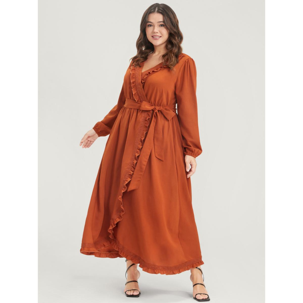 Plus Size Solid Lantern Sleeve Pocket Frill Trim Wrap Belted Dress Rust Women Elegant Plain V-neck Long Sleeve Curvy Long Dress BloomChic 28/5X Product Image
