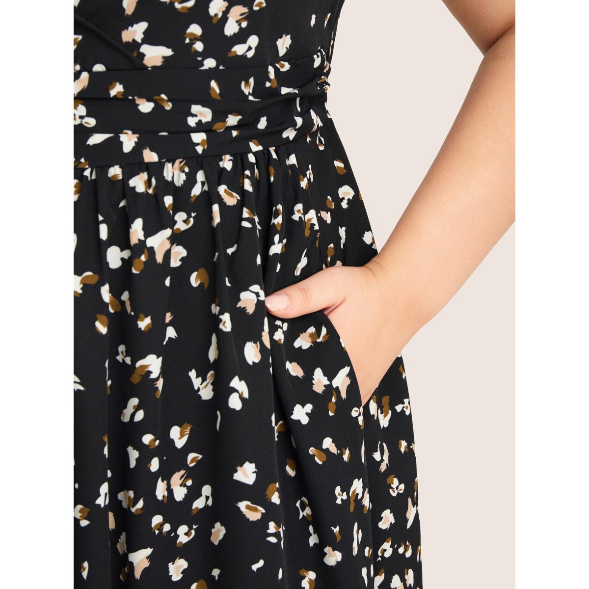 Plus Size Allover Print Pocket Flutter Crossover Ruched Tank Dress Black Women Elegant Twist Round Neck Sleeveless Curvy Midi Dress BloomChic 26/4X Product Image