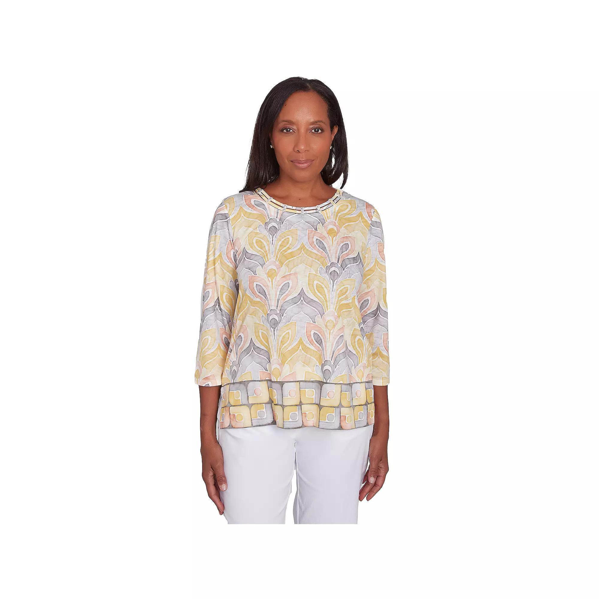 Petite Alfred Dunner Geometric Medallion Crewneck Top, Women's, Size: Small Petite, Yellow Team Product Image