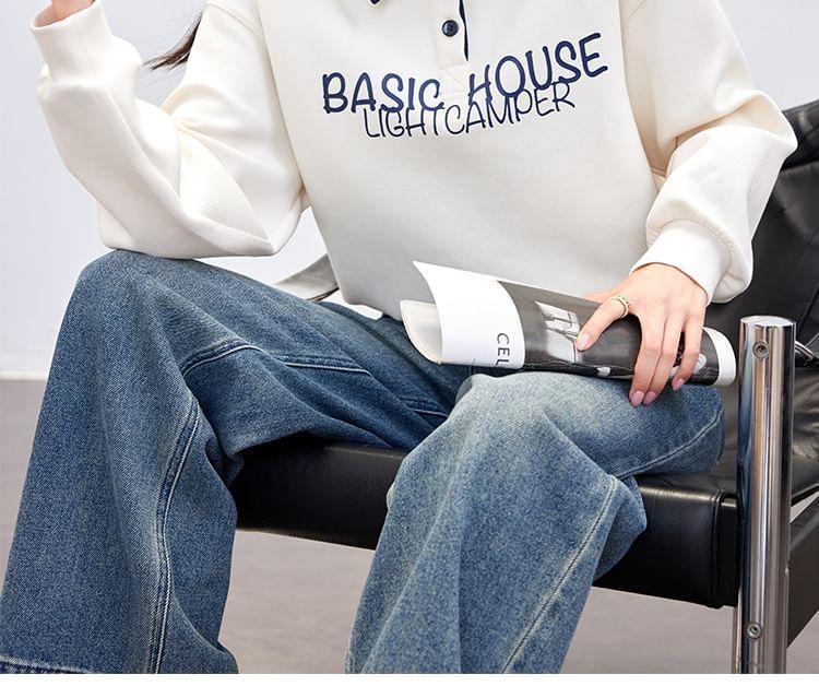 Contrast Collar Lettering Print Polo Pullover Product Image